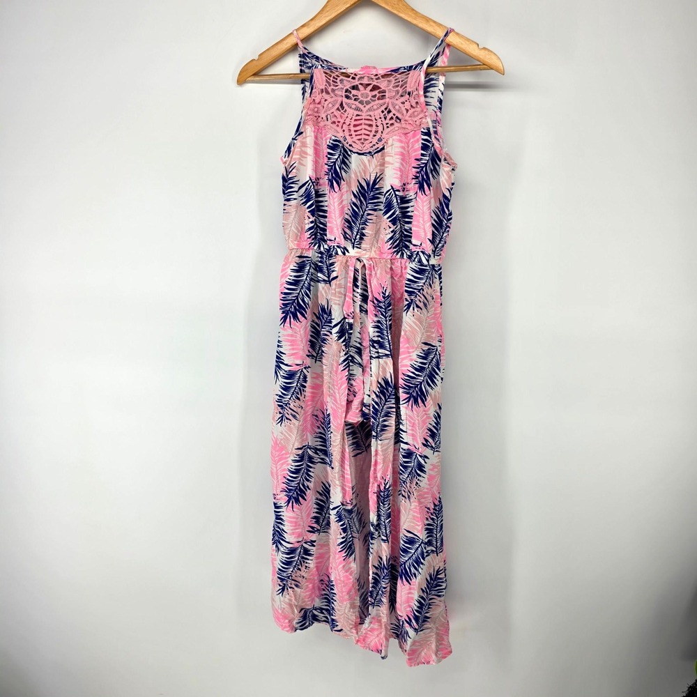 Epic Threads Romper Girls XL Pink Blue Palm Leaf Print Crochet Lace Maxi Overlay